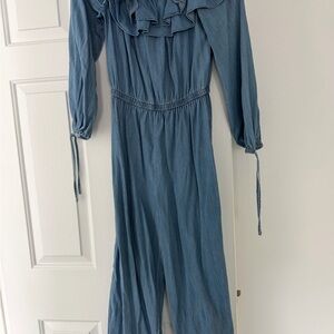 Blue Ruffle-Detail Long Sleeve Jumpsuit by Michael Kors. New